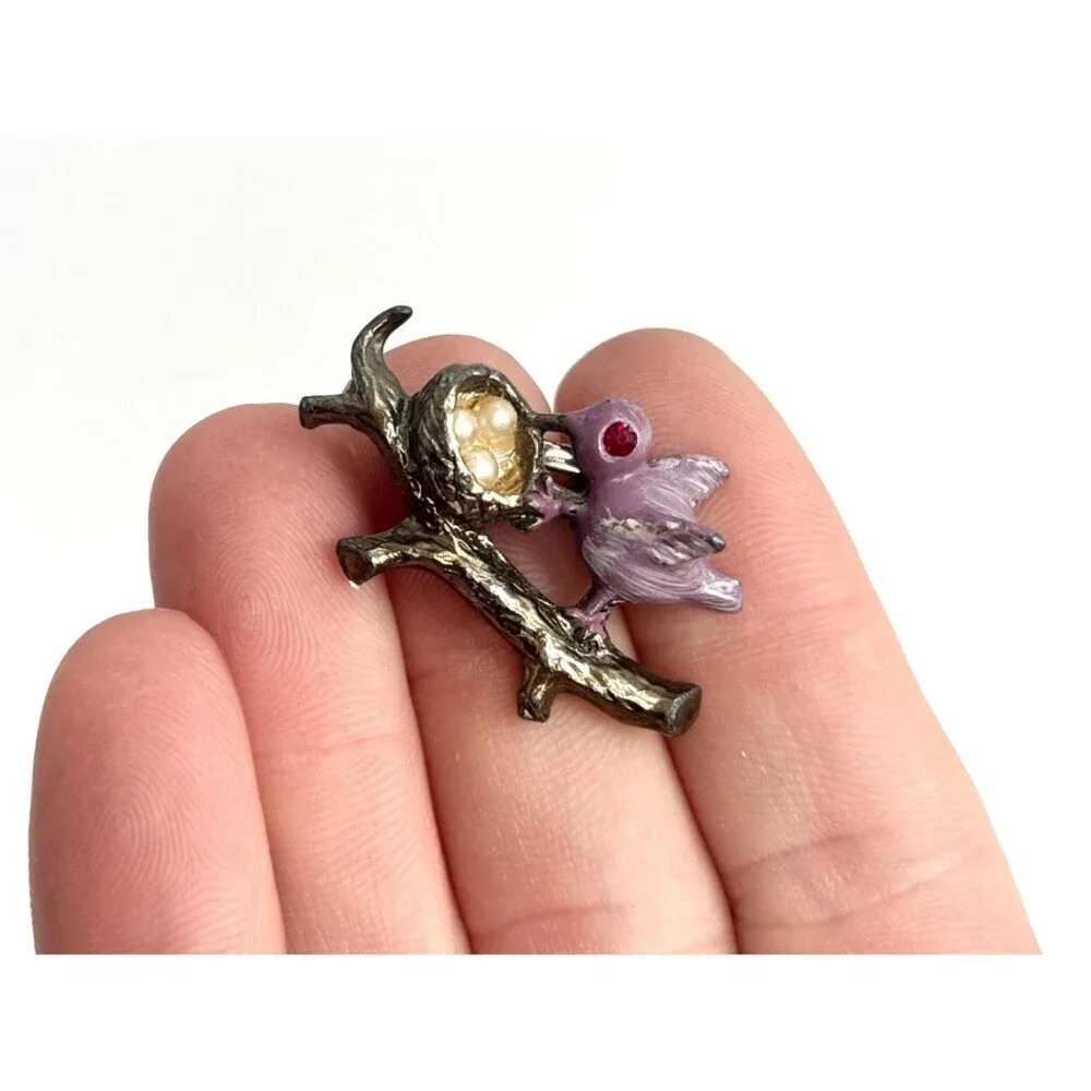 Lavender Perched Bird Figural on Branch with Eggs Costume Jewelry Brooch